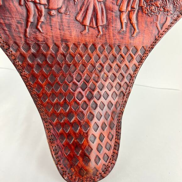 Vintage Leather Tripod Stool Seat Cover Embossed Hand Tooled - Picture 2 of 8